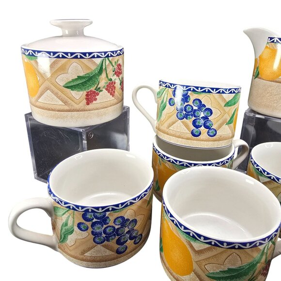 Sango Delight Ceramic Fruit-Themed Mugs Sugar Bowl & Creamer Set JJ3830 - Picture 4 of 11